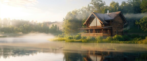 Large wooden house by the river, early morning, sunny foggy day, place for text. Banner