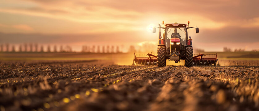 Fototapeta Tractor drilling seeding crops at farm field. Agricultural activity.
