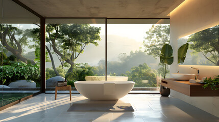 Fototapeta premium A luxurious bathroom with a freestanding tub and floor-to-ceiling glass walls offering panoramic views.