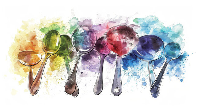 Artistic watercolor illustration of various spoons, showcasing vibrant colors and detailed brushwork, creating a lively kitchen theme.