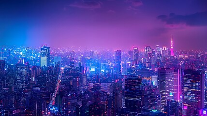 Obraz premium Neon-Lit Urban Landscape: A Futuristic Cityscape at Dusk