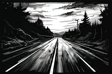 Black and white Highway Sketch Illustration Background. Road hand drawn ink sketch highway landscape.  Road vector black and white line illustration art. Highway Landscape sketch. 