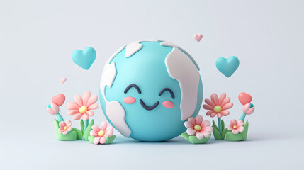 cute isometric earth. There are light blue and pink small flowers and hearts floating around the earth on pastel background