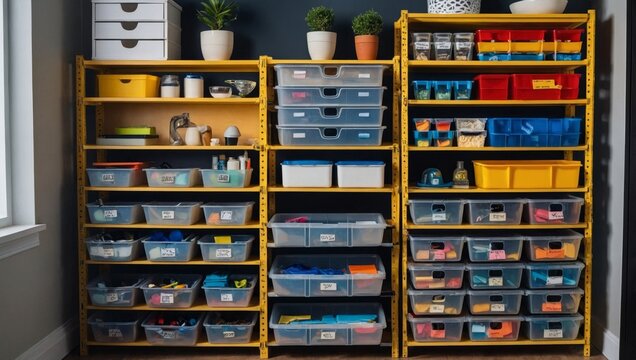 showcasing organized storage solutions. Include elements like modular shelves with labeled bins and boxes, a pegboard with neatly arranged office tools, and a drawer organizer with var