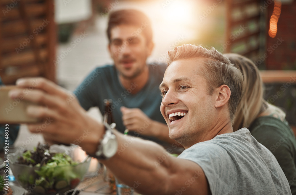 Canvas Prints Laughing, friends and selfie of man at dinner party for celebration at social gathering. Food, picture and group of people eating lunch together at event, reunion and excited for happy memory at home