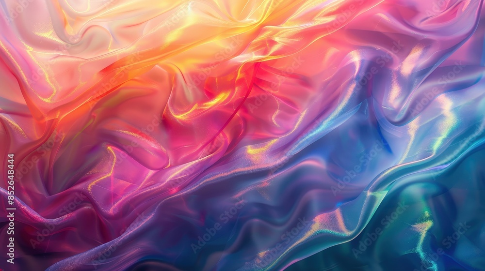 Poster abstract image of iridescent fabric in flowing, wavy patterns with vibrant colors