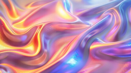 A close-up photo of a smooth, iridescent fabric with shimmering holographic colors