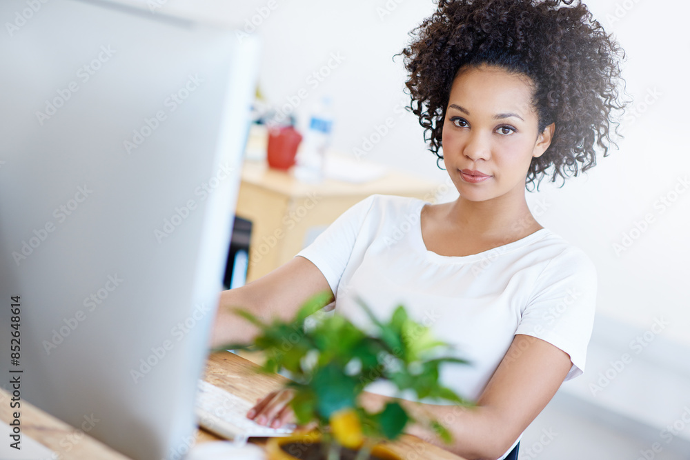 Poster portrait, web designer or african woman on computer for digital project development or problem solvi