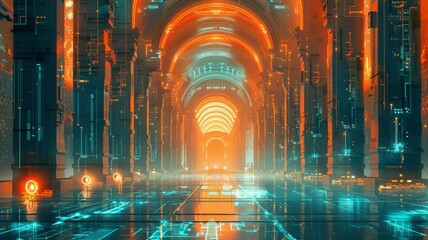 Obraz premium Futuristic Neon Digital Hallway with Sci-fi Architecture and Glowing Arches