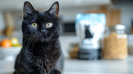 A black cat is sitting on a white surface. Behind the cat, there is a white and blue bag of cat food with a silhouette of a cat on it. Generative AI illustration 