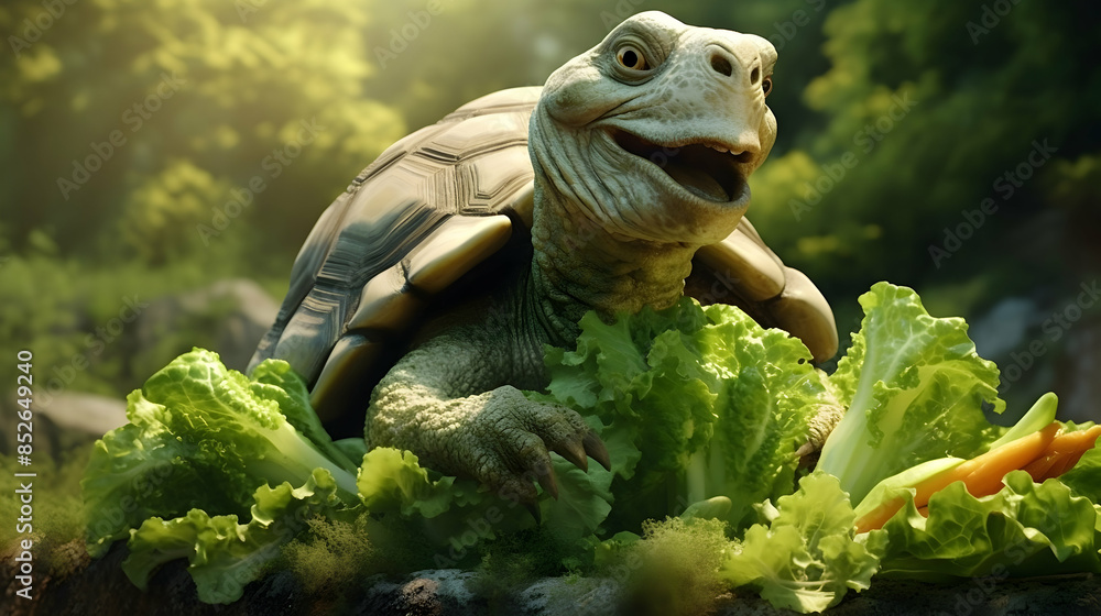 Wall mural happy tortoise munching on lettuce, slow and steady delight.