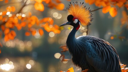 Naklejka premium Black Crowned Crane in Autumn Foliage