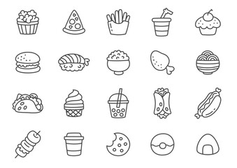 Kawaii fast food icon set. Collection of monochrome hand drawn food and drink stickers isolated on a white background. Vector 10 EPS.