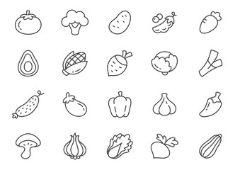 Kawaii vegetable icon set. Collection of monochrome hand drawn vegetable stickers isolated on a white background. Vector 10 EPS.