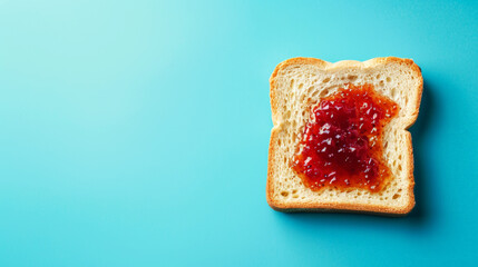 Delicious bread toast with jam, aesthetic pastel light blue background. Copy space, top view. Generative AI