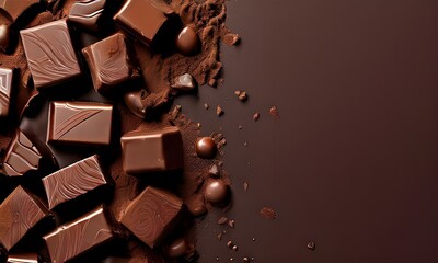 Closeup of vector background with chocolate pieces, chocolate power with copy space for text. Perfect for banners, greeting cards, flyers, social media wallpapers, etc. World Chocolate Day July 7