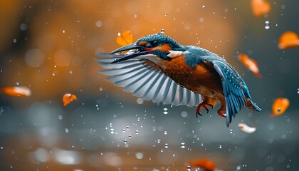 Obraz premium Kingfisher bird caught in flight. Orange and blue bird in forest flying with its wings spread. Kingfisher bird in rain closeup