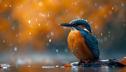 Kingfisher bird in rain closeup. Orange and blue bird in the forest during rain. Bird with beautiful feathers and wings staring into the distance in the woods
