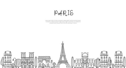 Horizontal banner with Paris architecture skyline in sketch doodle style in white and black colors. Hand drawn line silhouette by black ink pen. Space for text