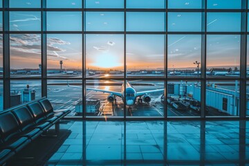 The window of the airport looks out on an airplane parked at length 