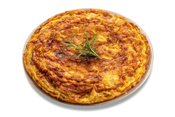 Egg omelet with rosemary sprig in plate isolated