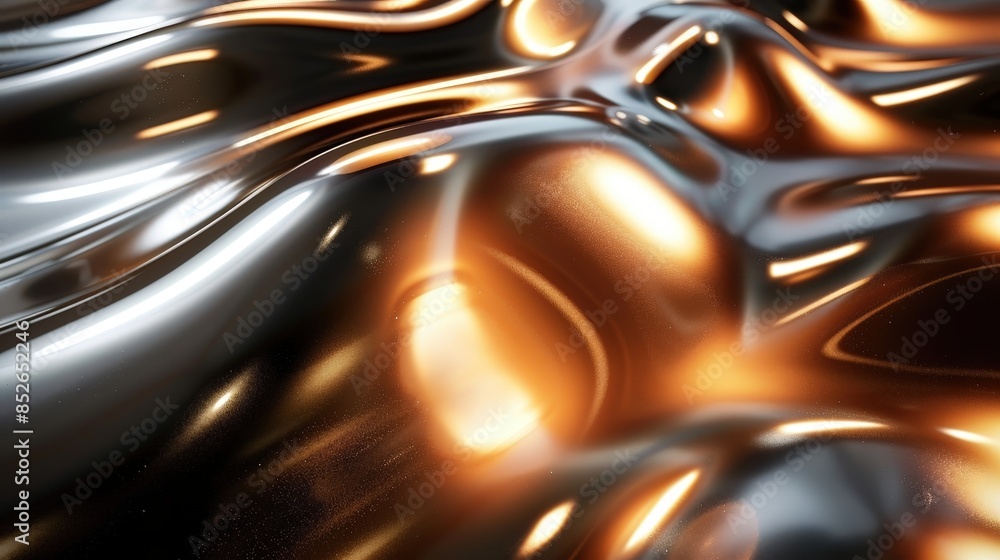 Poster close-up of an abstract metallic surface with a wavy texture. the surface is illuminated by bright, 
