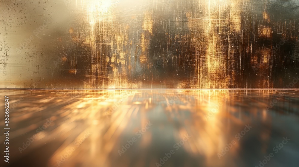 Poster a digitally rendered image featuring a textured gold wall with a reflective floor in front of it