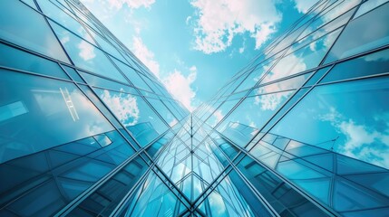 Fototapeta premium Glass office building with a unique angular design, reflecting the sky