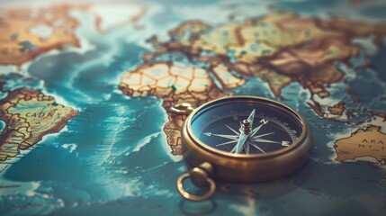 close-up of a compass on a world map, with ample