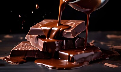 Closeup of melted chocolate pouring over chunks of chocolate bars on dark background with copy space.  Splashing and whirl chocolate liquid for design. World Chocolate Day July 7.