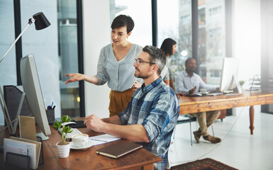 Review, people and coworking in office for business on project in company as developer in digital...