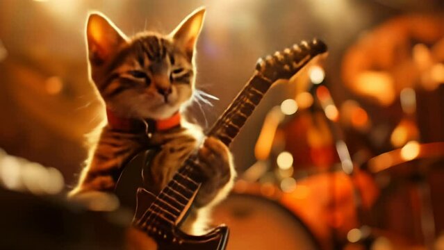 A fashionable cat rocks out on an electric guitar under colorful stage lights, drumming in the background.