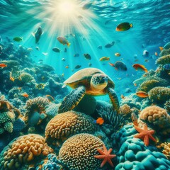 Obraz premium Captivating underwater scene featuring a sea turtle swimming among vibrant corals and tropical fish, illuminated by rays of sunlight filtering through the water, creating a serene and colorful marine