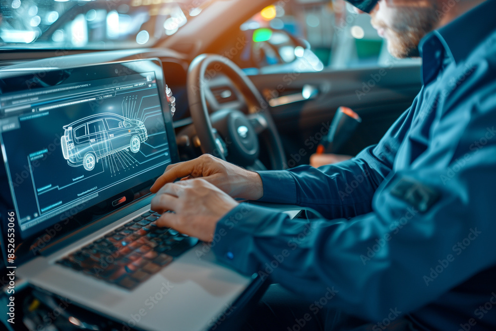 Aufkleber a man is working on a laptop in a car. he is likely a mechanic or technician, as he is working on a 