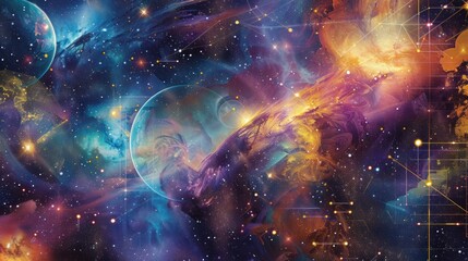 Fototapeta premium A vibrant, cosmic composition with swirling galaxies, nebulas, and stars in vivid colors of blue, purple, and gold.