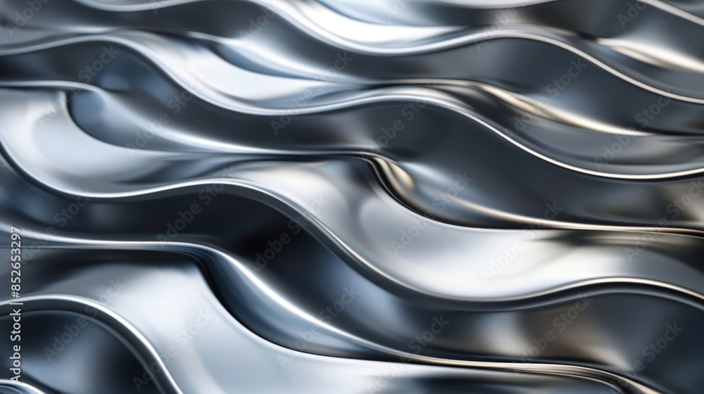 Poster An abstract background image featuring metallic waves with a shiny, reflective surface