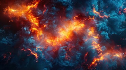 Fototapeta premium A mesmerizing cosmic scene of swirling fiery clouds and vibrant blue and orange nebulae, resembling a celestial explosion - AI Generated Digital Art