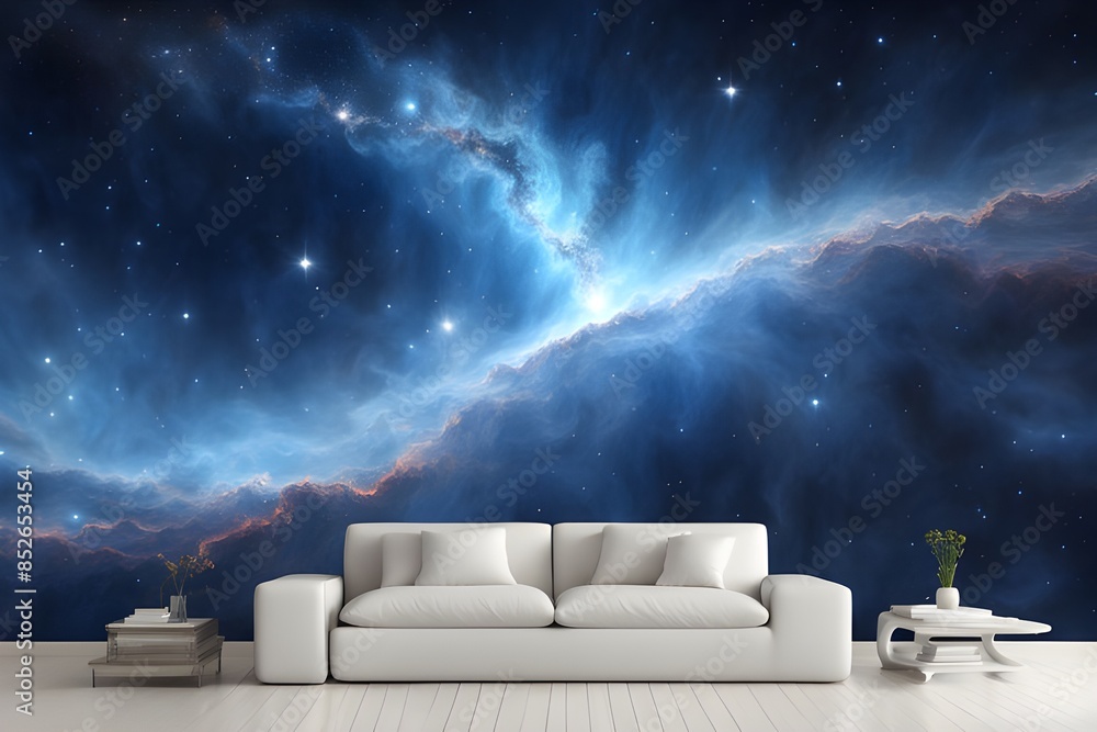 Wall mural sofa and galaxy background ,genarative ai