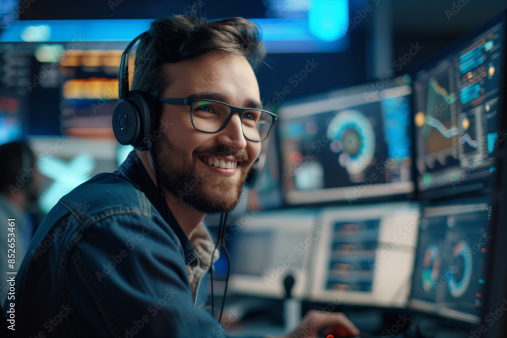 Poster a man wearing a headset and glasses is smiling at the camera. he is sitting in front of a computer m