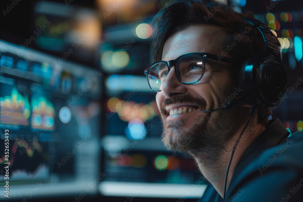 Poster a man wearing a headset and glasses is smiling at the camera. he is sitting in front of a computer m