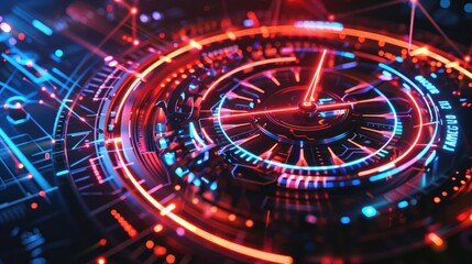 Abstract digital clock with glowing, futuristic elements