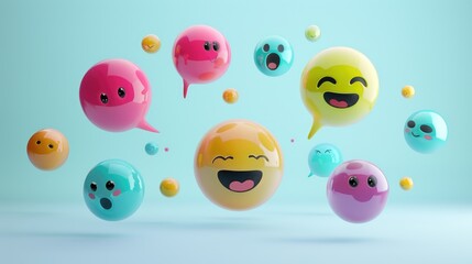 Multiple 3D chat bubbles with different expressions.