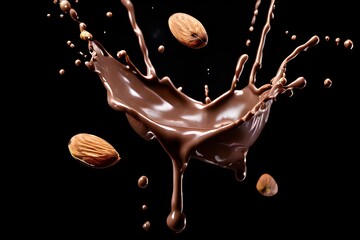 Closeup of splashing and whirling chocolate liquid with almonds isolated on dark background. Chocolate spread cream or creamy brown choco butter splash, realistic cocoa and coffee milk drink spill. 