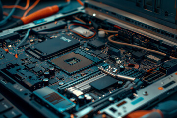 A computer's motherboard is shown in detail, with many small components and wires. Concept of complexity and intricacy, as well as the importance of the computer's internal workings