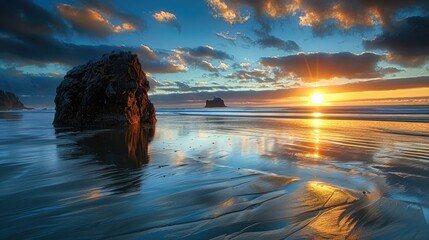 Sunset over large rock on beach illuminated by setting sun