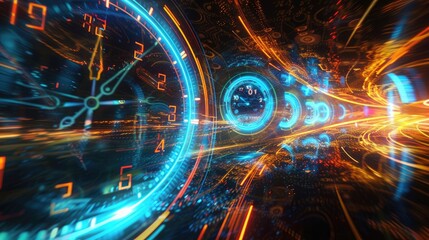 Abstract representation of time travel with neon light trails and digital clocks.