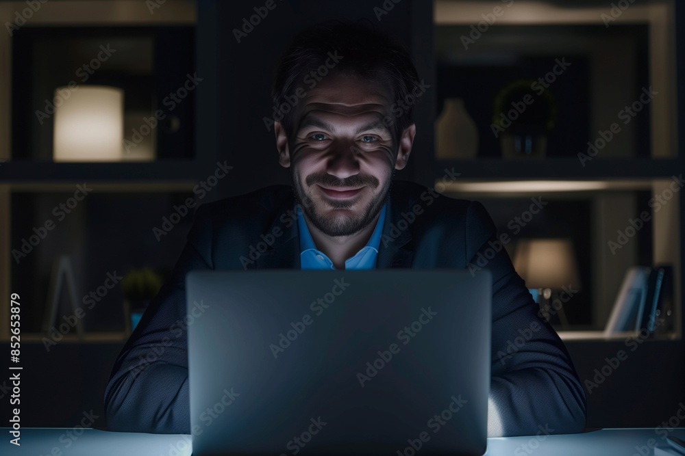 Poster a man is sitting at a desk with a laptop in front of him. he is wearing a suit and he is focused on 