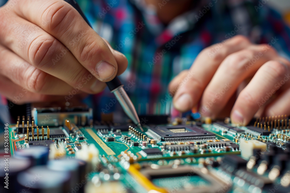 Aufkleber a person is working on a computer chip. the person is using a soldering iron to fix the chip