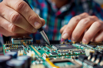 Fototapeta premium A person is working on a computer chip. The person is using a soldering iron to fix the chip