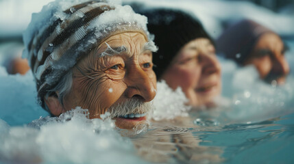 Group of elder swimming and enjoying benefits of cold water.